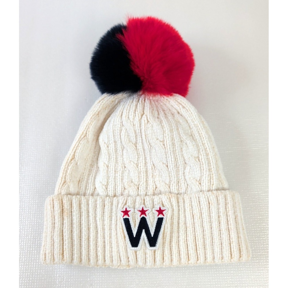 Washington Nationals Pom Beanie Hat Womens‎ White Cable Knit Soft Stretchy MLB